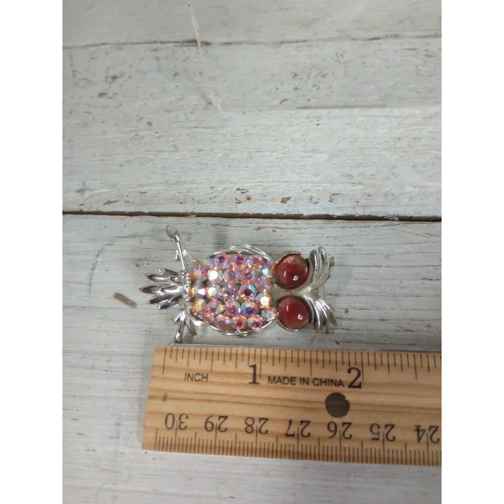 Vintage Silver Tone Rhinestone Pink Stone Owl Bird Brooch Pin Kitsch Boho Granny